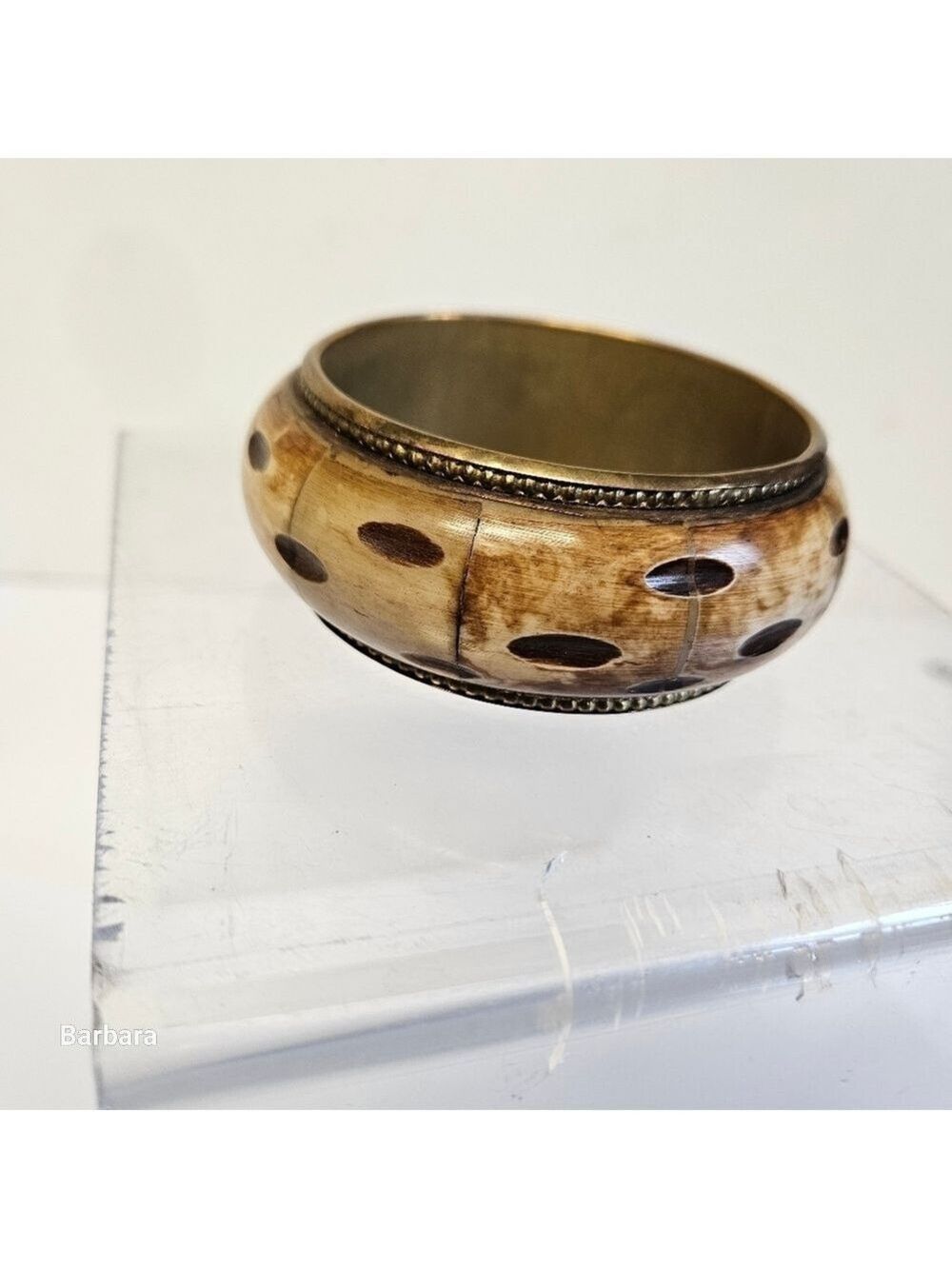 Vintage Carved Cow Bone and Brass Bangle Bracelet